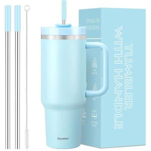 Gobelet de 1200 ml avec poignée et paille, couvercle 2 en 1, bouteille d&rsquo;eau isotherme à double paroi en acier inoxydable – Tasse de voyage – Cadeau de vacances pour homme et femme – Bleu ciel(Bleu Ciel)