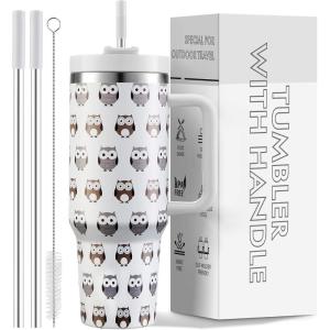 Gobelet de 1200 ml avec poignée et paille, couvercle 2 en 1, bouteille d&rsquo;eau isotherme à double paroi en acier inoxydable – Tasse de voyage – Cadeau de vacances pour homme et femme – Bleu ciel(Chouette)
