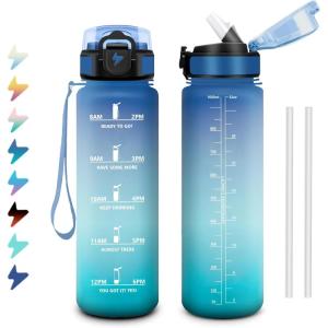 Gourde 1L, Bouteille d&rsquo;eau Sport, Gourde avec Paille, Bouteille d&rsquo;eau Motivation Marqueur de Temps, Étanche et Réutilisable, Facile à Nettoyer, pour Enfant, Voyage, Randonnée, Camping, Cyclisme(32oz-1000ml | Paille | Bleu + Vert)