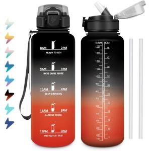 Gourde 1L, Bouteille d&rsquo;eau Sport, Gourde avec Paille, Bouteille d&rsquo;eau Motivation Marqueur de Temps, Étanche et Réutilisable, Facile à Nettoyer, pour Enfant, Voyage, Randonnée, Camping, Cyclisme(50oz-1500ml | Paille | Noir + Rouge)