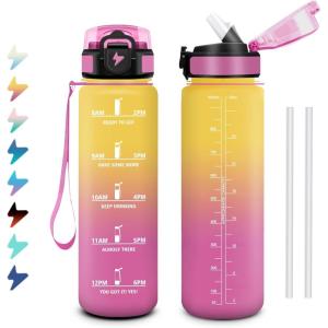 Gourde 1L, Bouteille d&rsquo;eau Sport, Gourde avec Paille, Bouteille d&rsquo;eau Motivation Marqueur de Temps, Étanche et Réutilisable, Facile à Nettoyer, pour Enfant, Voyage, Randonnée, Camping, Cyclisme(32oz-1000ml | Paille | Jaune + Rose)