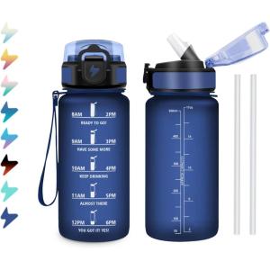 Gourde 1L, Bouteille d&rsquo;eau Sport, Gourde avec Paille, Bouteille d&rsquo;eau Motivation Marqueur de Temps, Étanche et Réutilisable, Facile à Nettoyer, pour Enfant, Voyage, Randonnée, Camping, Cyclisme(17oz-500ml | Paille | Mat Marine Bleu)