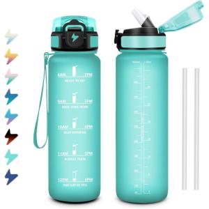 Gourde 1L, Bouteille d&rsquo;eau Sport, Gourde avec Paille, Bouteille d&rsquo;eau Motivation Marqueur de Temps, Étanche et Réutilisable, Facile à Nettoyer, pour Enfant, Voyage, Randonnée, Camping, Cyclisme(32oz-1000ml | Paille | Mat Bleu-vert)