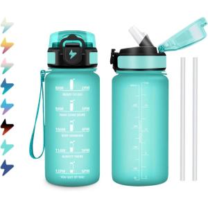 Gourde 1L, Bouteille d&rsquo;eau Sport, Gourde avec Paille, Bouteille d&rsquo;eau Motivation Marqueur de Temps, Étanche et Réutilisable, Facile à Nettoyer, pour Enfant, Voyage, Randonnée, Camping, Cyclisme(17oz-500ml | Paille | Mat Bleu-vert)