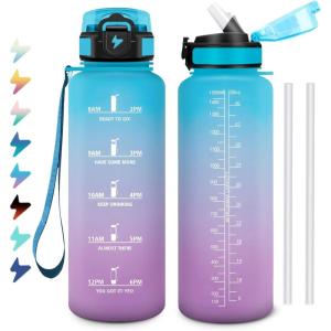 Gourde 1L, Bouteille d&rsquo;eau Sport, Gourde avec Paille, Bouteille d&rsquo;eau Motivation Marqueur de Temps, Étanche et Réutilisable, Facile à Nettoyer, pour Enfant, Voyage, Randonnée, Camping, Cyclisme(50oz-1500ml | Paille | Bleu + Lilas)
