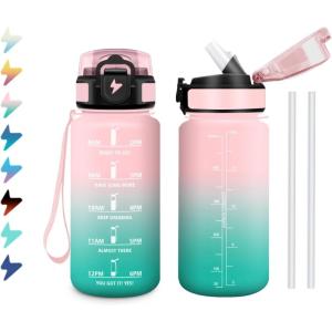 Gourde 1L, Bouteille d&rsquo;eau Sport, Gourde avec Paille, Bouteille d&rsquo;eau Motivation Marqueur de Temps, Étanche et Réutilisable, Facile à Nettoyer, pour Enfant, Voyage, Randonnée, Camping, Cyclisme(17oz-500ml | Paille | Rose + Cyan)