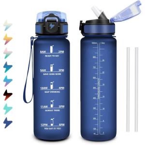Gourde 1L, Bouteille d&rsquo;eau Sport, Gourde avec Paille, Bouteille d&rsquo;eau Motivation Marqueur de Temps, Étanche et Réutilisable, Facile à Nettoyer, pour Enfant, Voyage, Randonnée, Camping, Cyclisme(32oz-1000ml | Paille | Mat Marine Bleu)