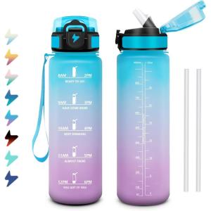 Gourde 1L, Bouteille d&rsquo;eau Sport, Gourde avec Paille, Bouteille d&rsquo;eau Motivation Marqueur de Temps, Étanche et Réutilisable, Facile à Nettoyer, pour Enfant, Voyage, Randonnée, Camping, Cyclisme(32oz-1000ml | Paille | Bleu + Lilas)