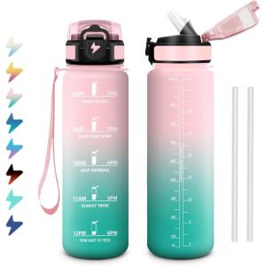 Gourde 1L, Bouteille d&rsquo;eau Sport, Gourde avec Paille, Bouteille d&rsquo;eau Motivation Marqueur de Temps, Étanche et Réutilisable, Facile à Nettoyer, pour Enfant, Voyage, Randonnée, Camping, Cyclisme(32oz-1000ml | Paille | Rose + Cyan)