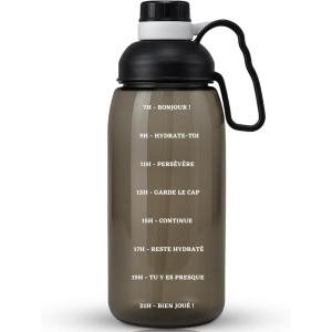Gourde Graduée Pour 1 Journee En Français – Gourde 2l Motivation – Bouteille Eau Tritan sans BPA – Flask Sport 2l avec Paille – Gourdes de Camping et Randonnée – Bouteille 2l(Noir)