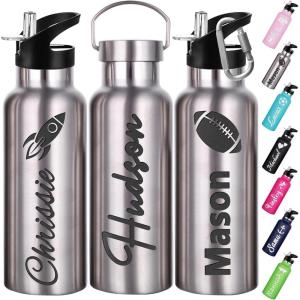 Gourde Personnalisée Avec Paille 350ml 750ml Nom Gravé Logo Bouteille Isotherme Bouteille d&rsquo;eau Personnalisée En Acier Inoxydable Cadeau pour l&rsquo;École Le Sport Le Bureau l&rsquo;Extérieur(Acier)