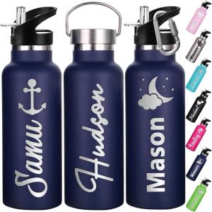 Gourde Personnalisée Avec Paille 350ml 750ml Nom Gravé Logo Bouteille Isotherme Bouteille d&rsquo;eau Personnalisée En Acier Inoxydable Cadeau pour l&rsquo;École Le Sport Le Bureau l&rsquo;Extérieur(Bleu Marine)
