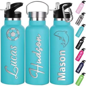 Gourde Personnalisée Avec Paille 350ml 750ml Nom Gravé Logo Bouteille Isotherme Bouteille d&rsquo;eau Personnalisée En Acier Inoxydable Cadeau pour l&rsquo;École Le Sport Le Bureau l&rsquo;Extérieur(Bleu)
