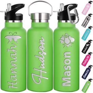Gourde Personnalisée Avec Paille 350ml 750ml Nom Gravé Logo Bouteille Isotherme Bouteille d&rsquo;eau Personnalisée En Acier Inoxydable Cadeau pour l&rsquo;École Le Sport Le Bureau l&rsquo;Extérieur(Vert)