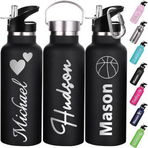 Gourde Personnalisée Avec Paille 350ml 750ml Nom Gravé Logo Bouteille Isotherme Bouteille d&rsquo;eau Personnalisée En Acier Inoxydable Cadeau pour l&rsquo;École Le Sport Le Bureau l&rsquo;Extérieur(Noir)