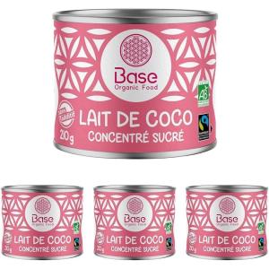 Lait de Coco BIO Concentré Sucré 210g | Vegan | Sans Additifs | Sans Lactose | Equitable | Recette sucrée | Pâtisserie | Dessert | Boisson Chaude | Sans BPA | BASE ORGANIC FOOD (Lot de 4)(210 ml (Lot de 4))
