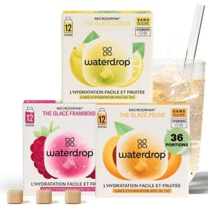 waterdrop® Coffret Thé Glacé | 36 cubes d&rsquo;Ice Tea | Boisson sans sucre | 3 saveurs fruitées : Thé noir + Pêche, Thé vert + Citron, Thé noir + Framboise | Enrichi en vitamines(Coffret THÉ GLACÉ)