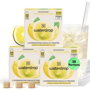 waterdrop® Coffret Thé Glacé | 36 cubes d&rsquo;Ice Tea | Boisson sans sucre | 3 saveurs fruitées : Thé noir + Pêche, Thé vert + Citron, Thé noir + Framboise | Enrichi en vitamines(3x Thé Glacé Citron)