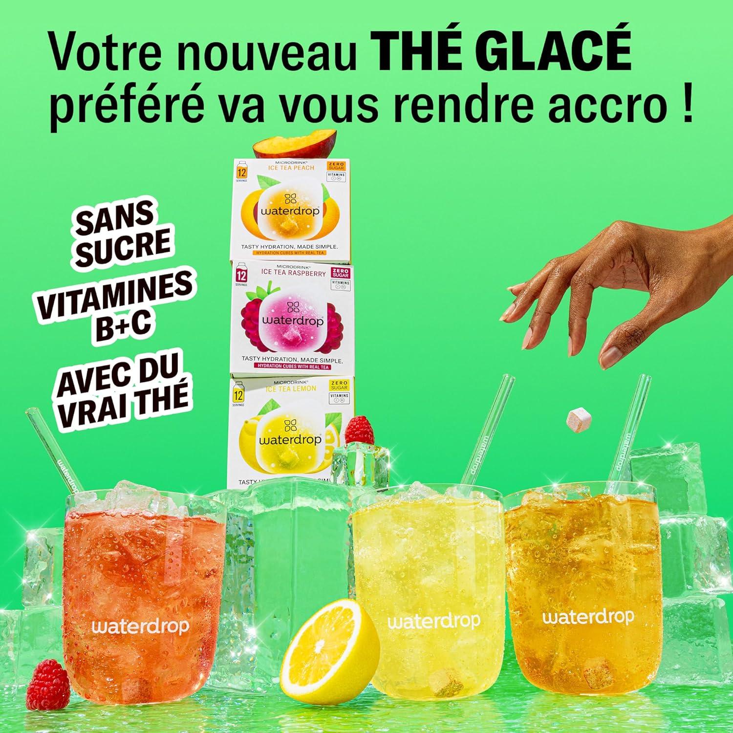 image:imagewaterdrop Coffret Th Glac 36 cubes dIce Tea Boisson sans sucre 3 saveurs fruites Th noir Pche Th vert Citron Th noir Framboise Enrichi en vitaminesCoffret TH GLAC