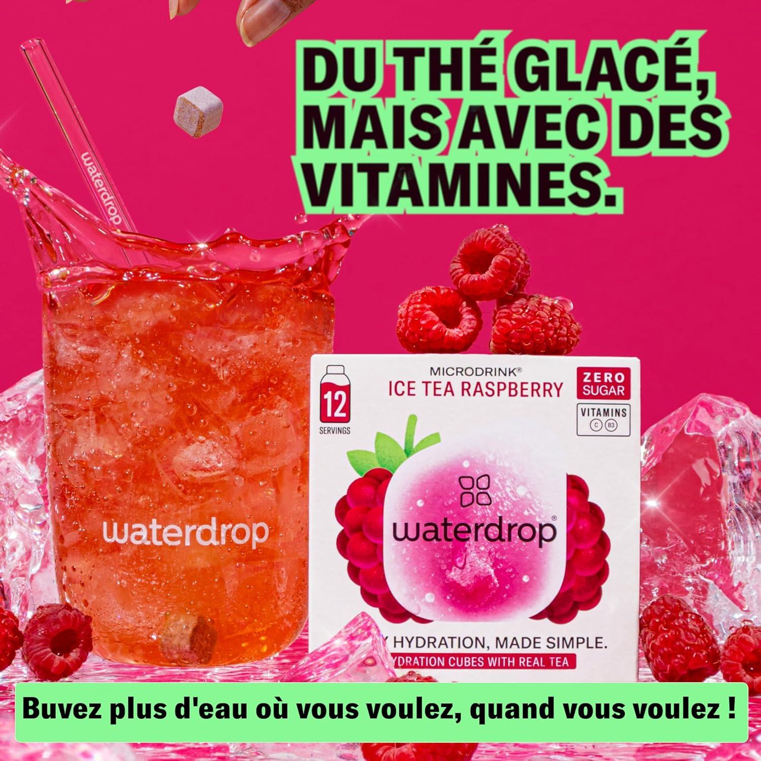 image:imagewaterdrop Coffret Th Glac 36 cubes dIce Tea Boisson sans sucre 3 saveurs fruites Th noir Pche Th vert Citron Th noir Framboise Enrichi en vitaminesCoffret TH GLAC