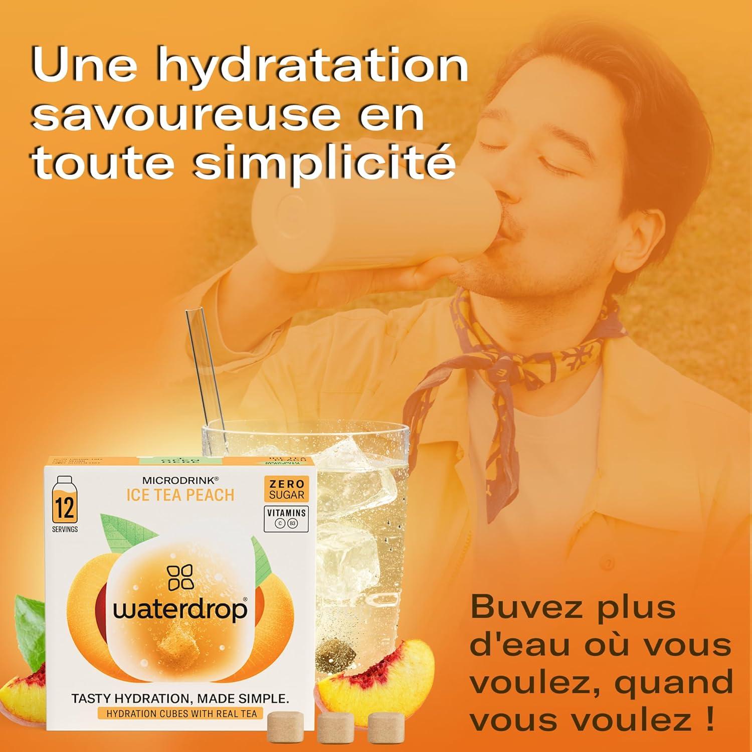 image:imagewaterdrop Coffret Th Glac 36 cubes dIce Tea Boisson sans sucre 3 saveurs fruites Th noir Pche Th vert Citron Th noir Framboise Enrichi en vitaminesPche