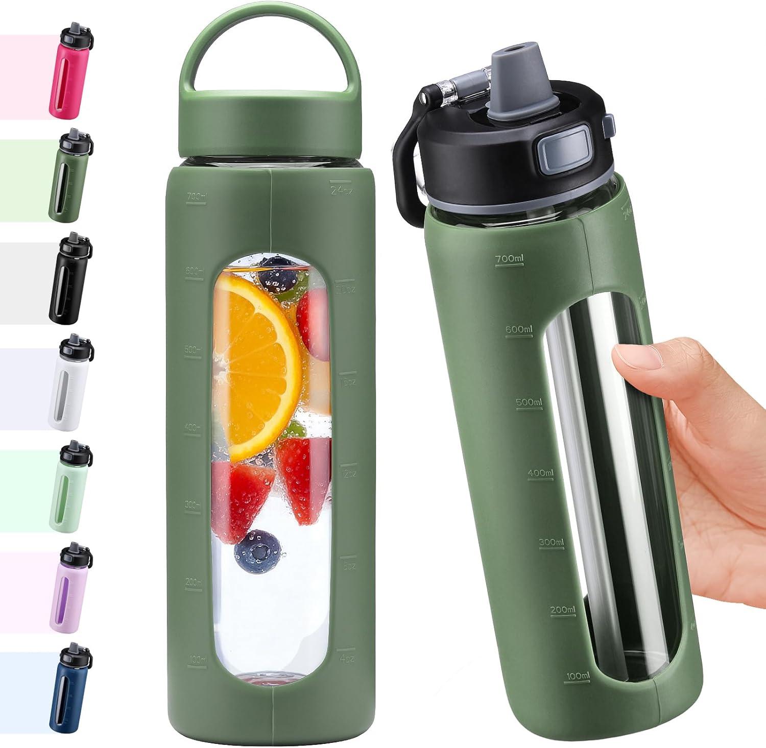 image:imageBLUEGO 600ml Bouteille deau verre avec 2 couverclesCouvercle verrouillage par simple pression et poigne Gourde rutilisable avec marquage du temps Pour voyages Maison Sport Sans BPA NoirOlive