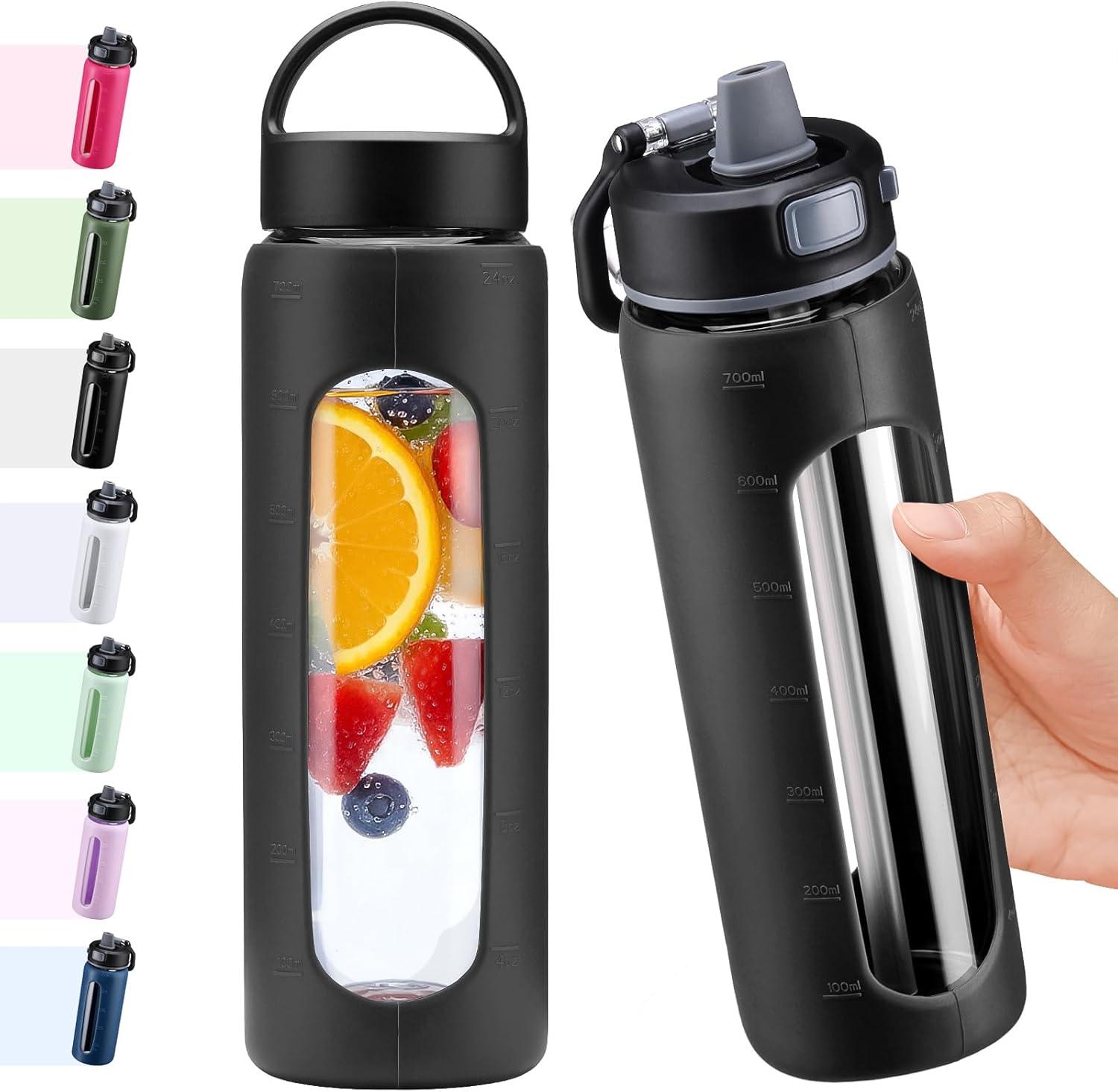 image:imageBLUEGO 600ml Bouteille deau verre avec 2 couverclesCouvercle verrouillage par simple pression et poigne Gourde rutilisable avec marquage du temps Pour voyages Maison Sport Sans BPA NoirNoir