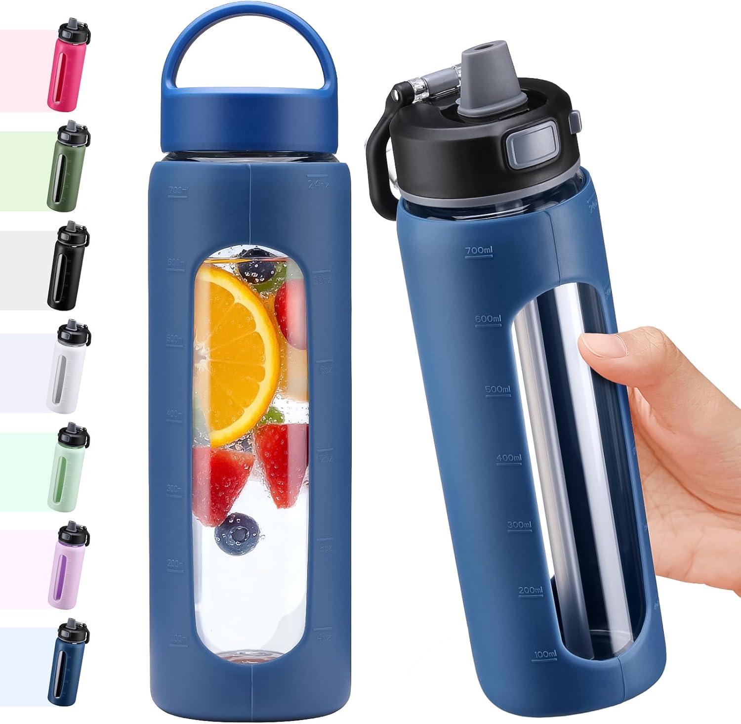 image:imageBLUEGO 600ml Bouteille deau verre avec 2 couverclesCouvercle verrouillage par simple pression et poigne Gourde rutilisable avec marquage du temps Pour voyages Maison Sport Sans BPA NoirBleu Fonc