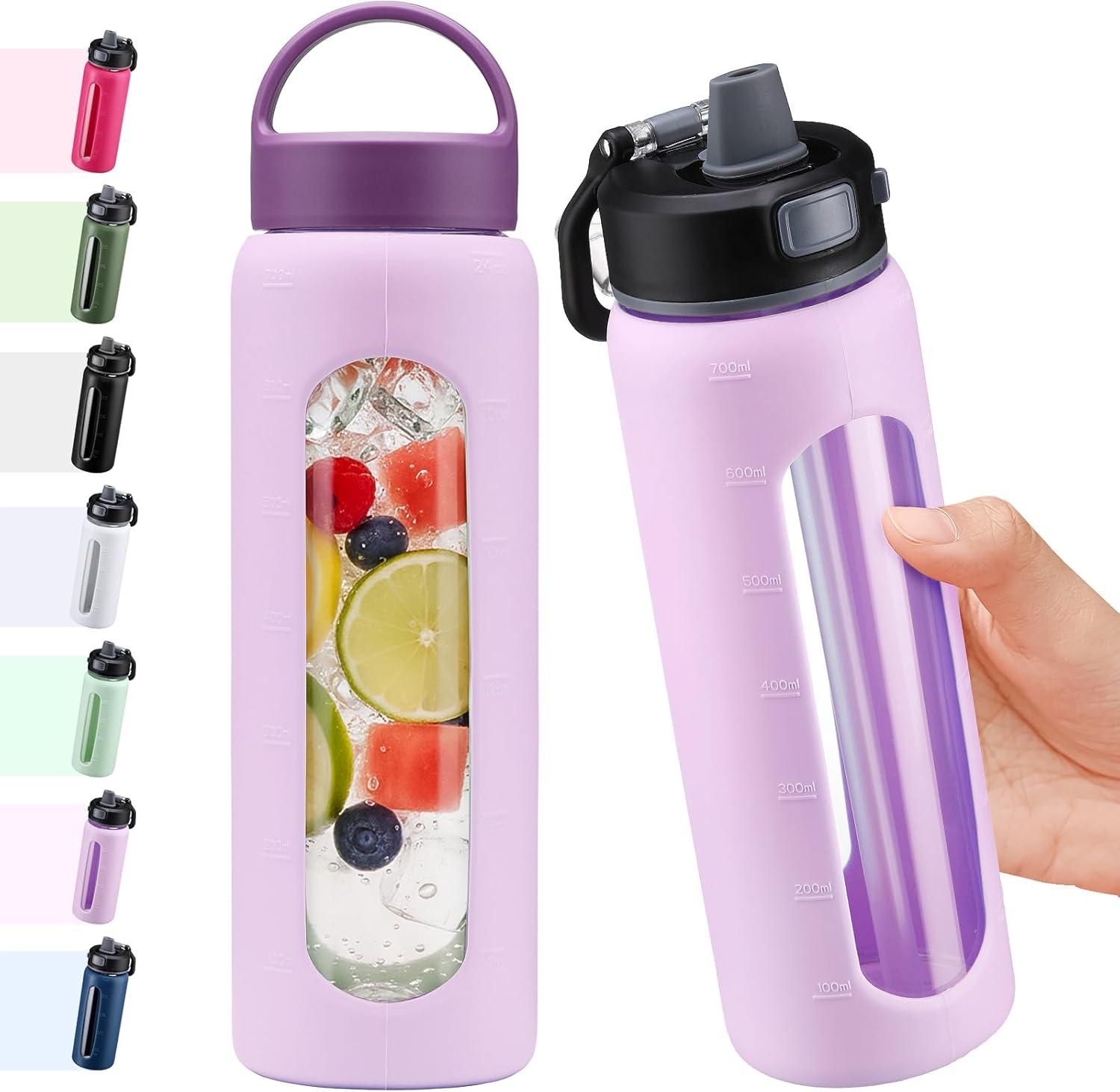 image:imageBLUEGO 600ml Bouteille deau verre avec 2 couverclesCouvercle verrouillage par simple pression et poigne Gourde rutilisable avec marquage du temps Pour voyages Maison Sport Sans BPA NoirViolet
