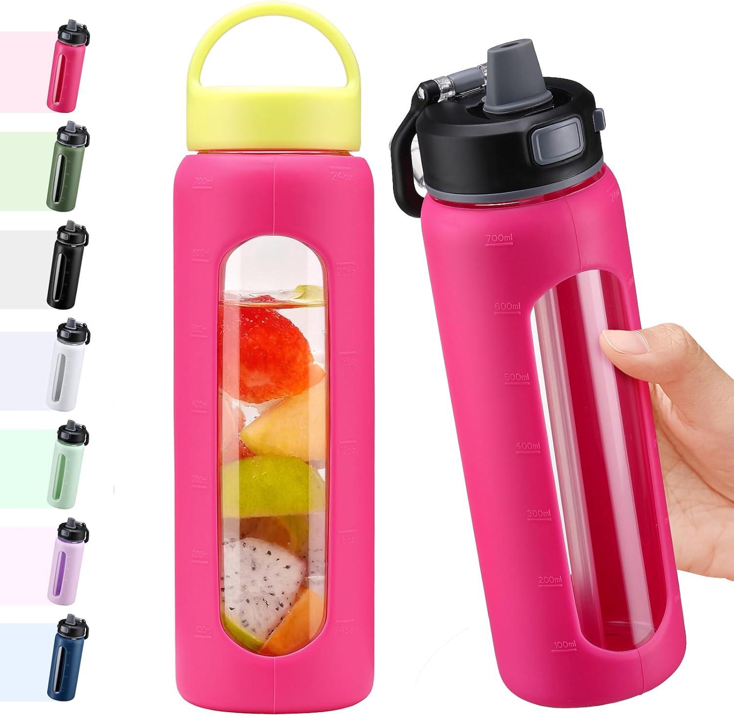 image:imageBLUEGO 600ml Bouteille deau verre avec 2 couverclesCouvercle verrouillage par simple pression et poigne Gourde rutilisable avec marquage du temps Pour voyages Maison Sport Sans BPA NoirRose Rouge