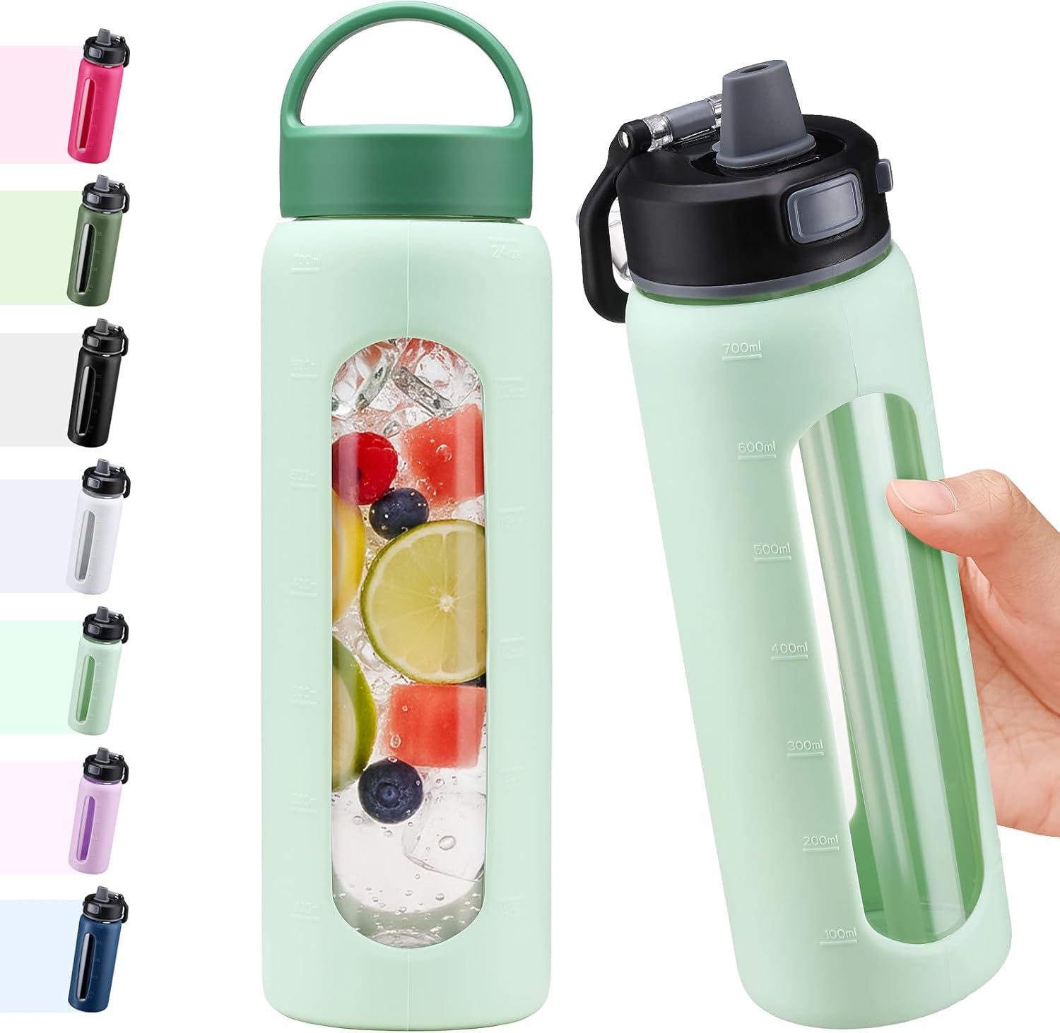 image:imageBLUEGO 600ml Bouteille deau verre avec 2 couverclesCouvercle verrouillage par simple pression et poigne Gourde rutilisable avec marquage du temps Pour voyages Maison Sport Sans BPA NoirBleu Clair
