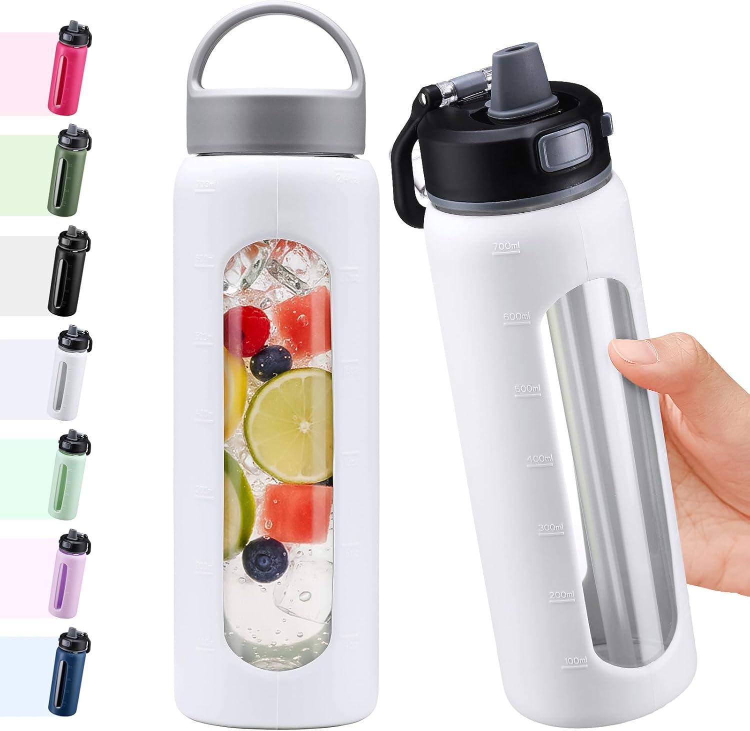 image:imageBLUEGO 600ml Bouteille deau verre avec 2 couverclesCouvercle verrouillage par simple pression et poigne Gourde rutilisable avec marquage du temps Pour voyages Maison Sport Sans BPA NoirBlanc