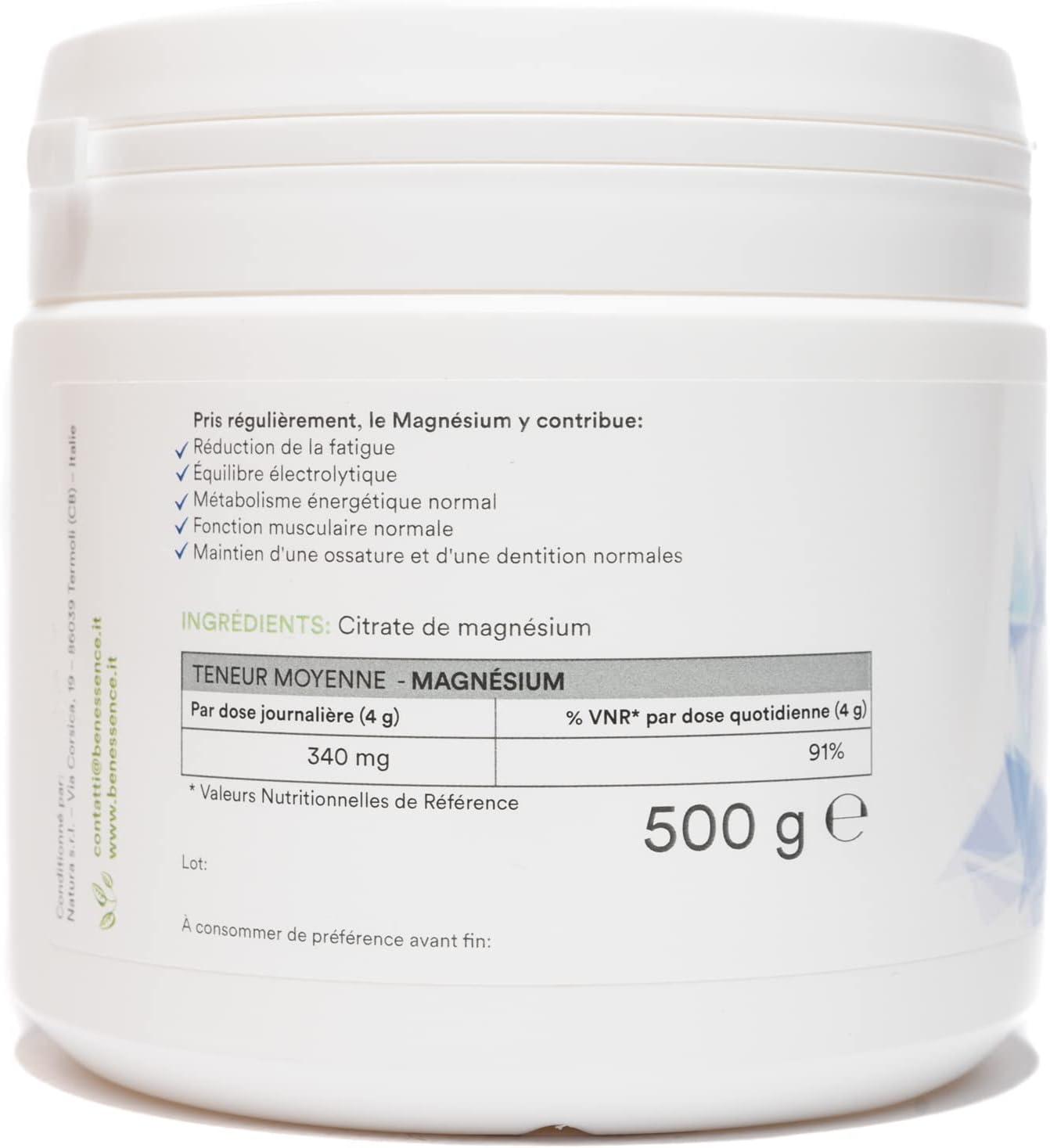 image:imageBenessence Citrate De Magnsium en poudre soluble Intgrateur Alimentaire 125 jours dintgration 500 g500 g Lot de 1