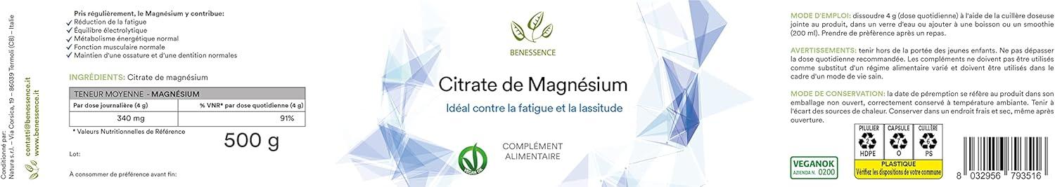 image:imageBenessence Citrate De Magnsium en poudre soluble Intgrateur Alimentaire 125 jours dintgration 500 g500 g Lot de 1
