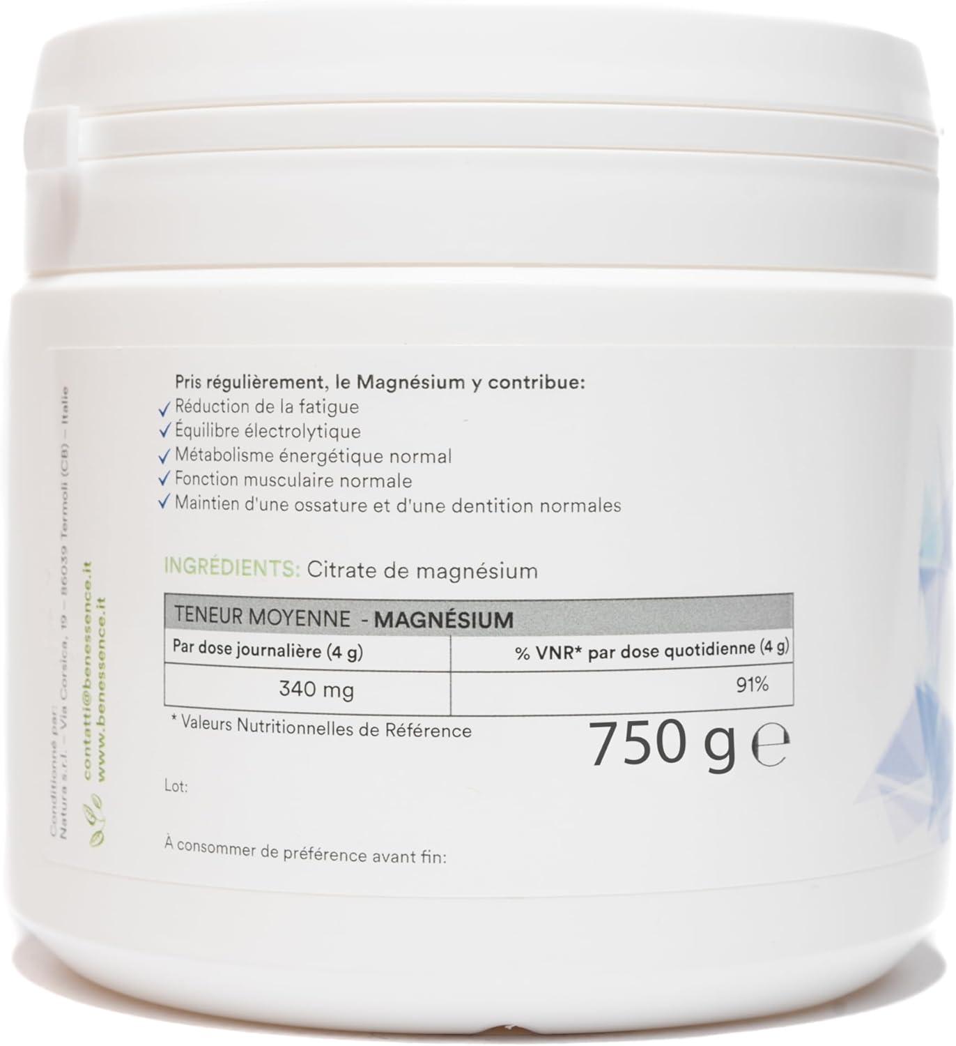 image:imageBenessence Citrate De Magnsium en poudre soluble Intgrateur Alimentaire 125 jours dintgration 500 g750 g Lot de 1