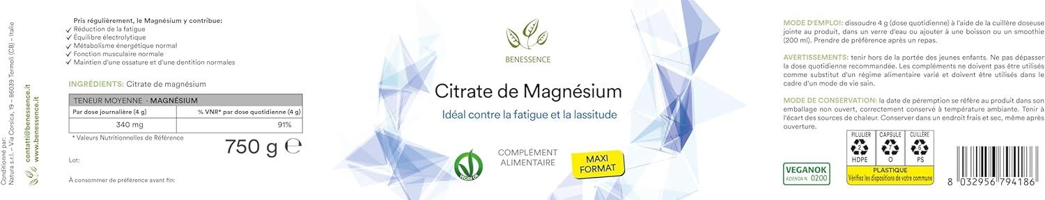 image:imageBenessence Citrate De Magnsium en poudre soluble Intgrateur Alimentaire 125 jours dintgration 500 g750 g Lot de 1