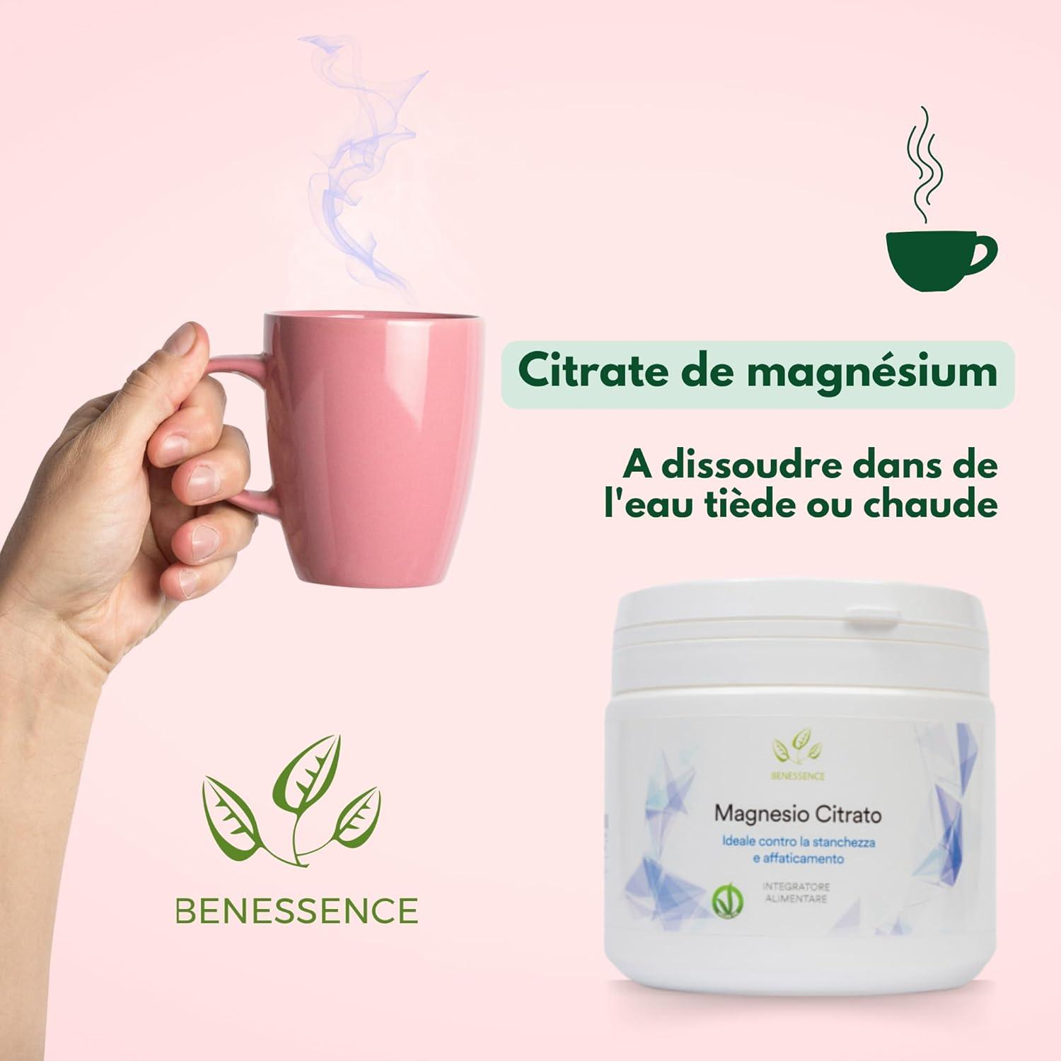 image:imageBenessence Citrate De Magnsium en poudre soluble Intgrateur Alimentaire 125 jours dintgration 500 g750 g Lot de 1
