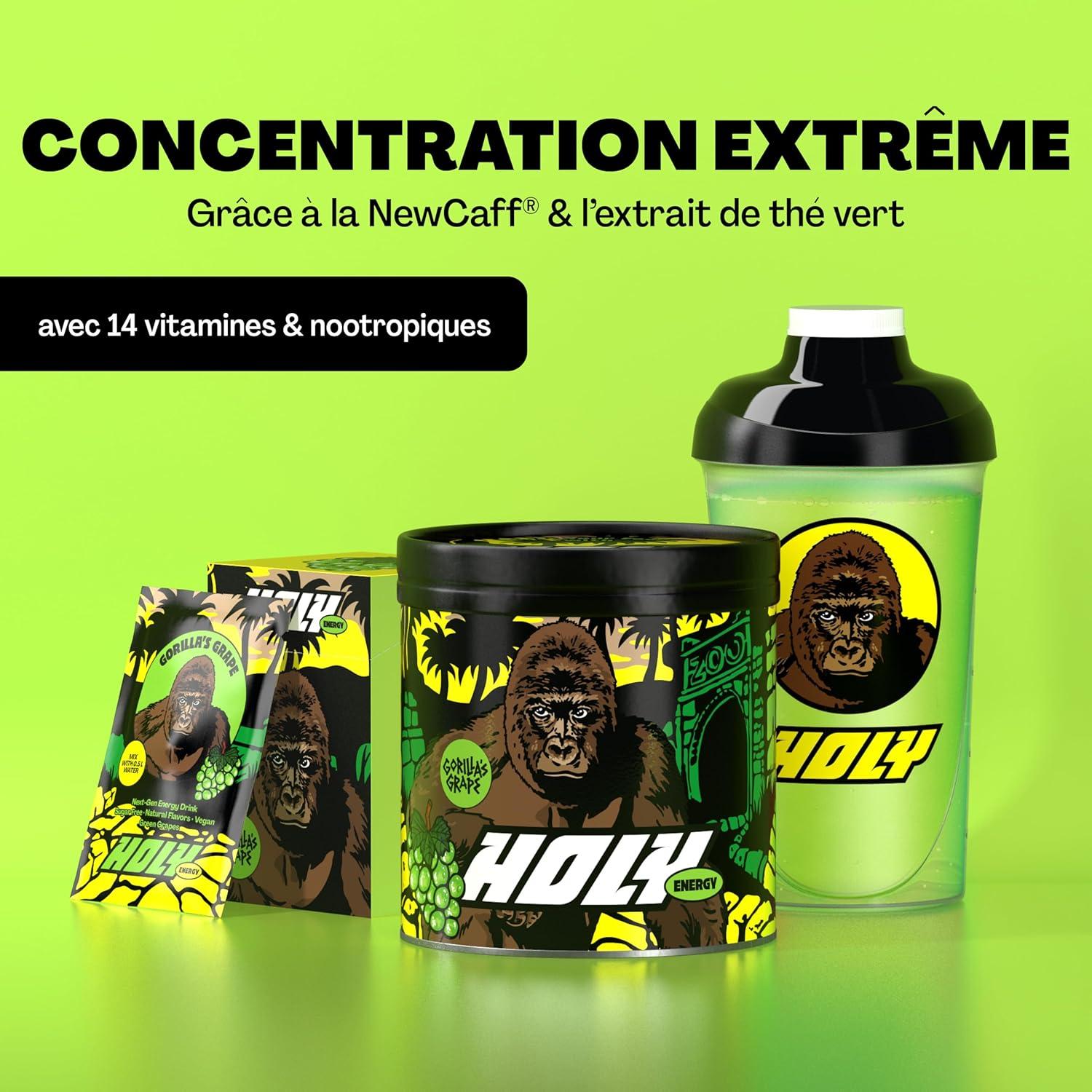 image:imageHOLY Energy Gaming Booster Gorillas Grape avec got de raisin vert en poudre 50 portions avec NewCaff amp extrait de th vert Focus Drink Vegan avec armes de fruits 100 naturelsGorillas Grape