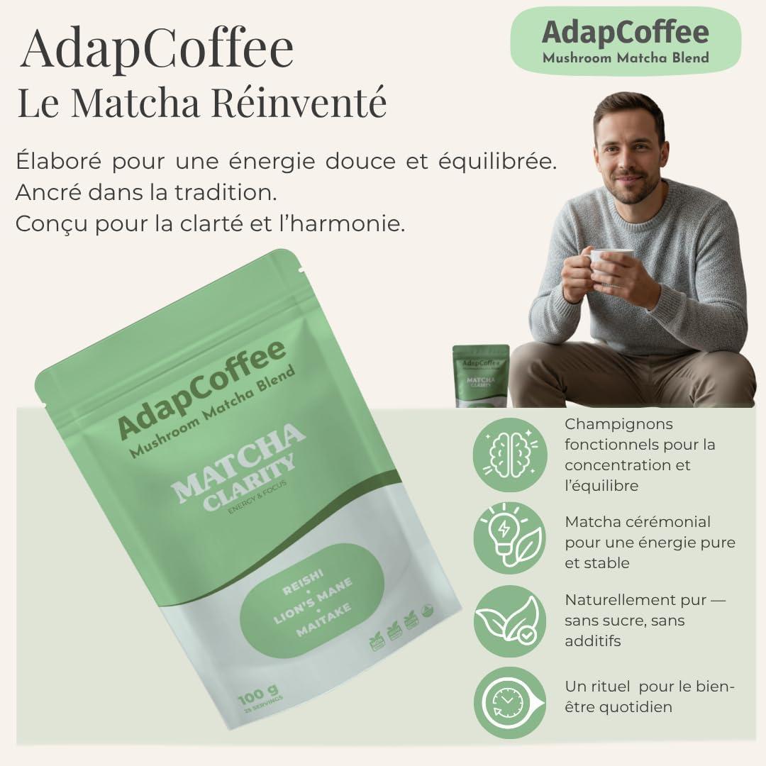 image:imageMatcha Clarity Th Matcha Crmonial aux Champignons Adaptognes Lions Mane Reishi amp Maitake nergie Naturelle amp Concentration Vegan Sans Sucre Ajout 25 tasses 100g