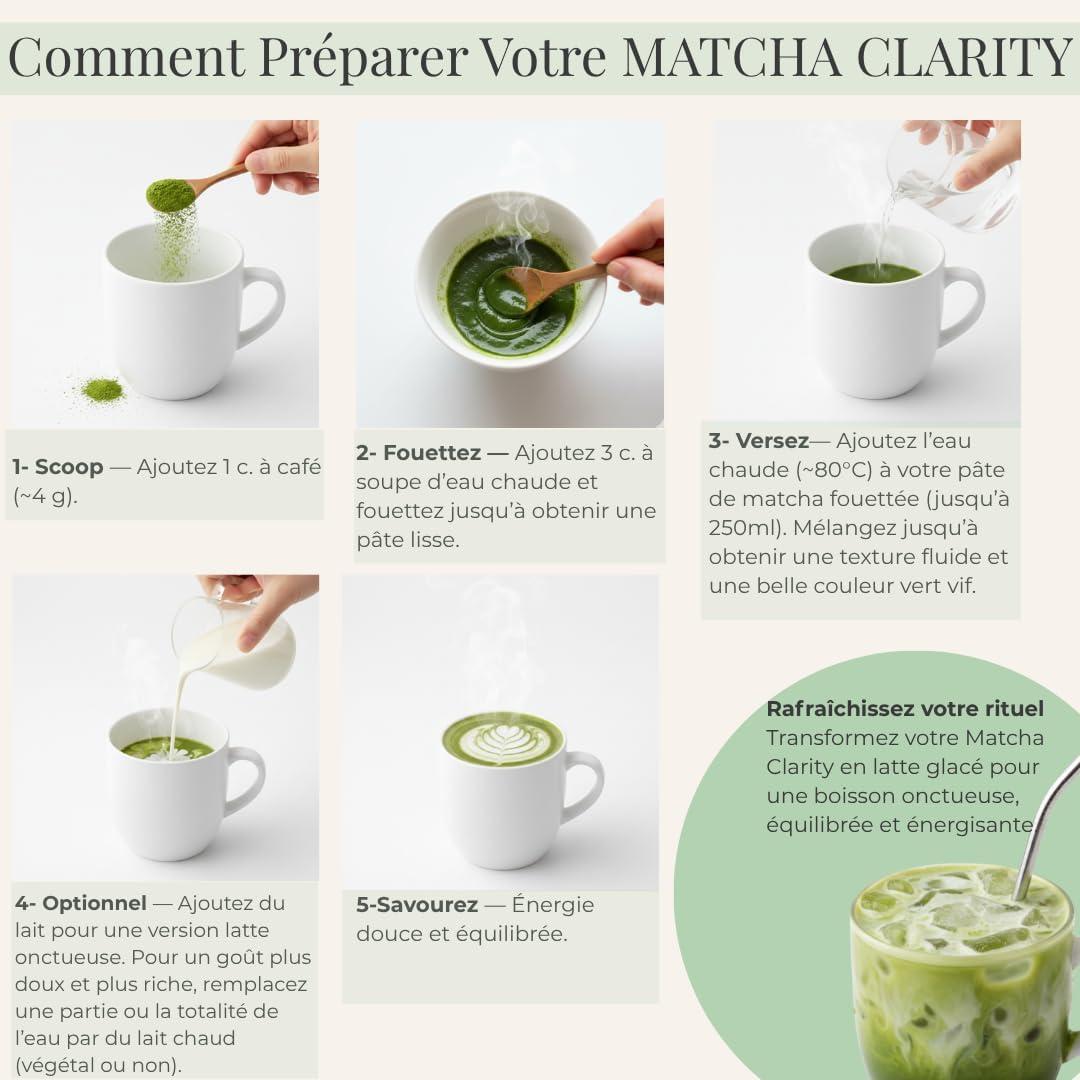 image:imageMatcha Clarity Th Matcha Crmonial aux Champignons Adaptognes Lions Mane Reishi amp Maitake nergie Naturelle amp Concentration Vegan Sans Sucre Ajout 25 tasses 100g
