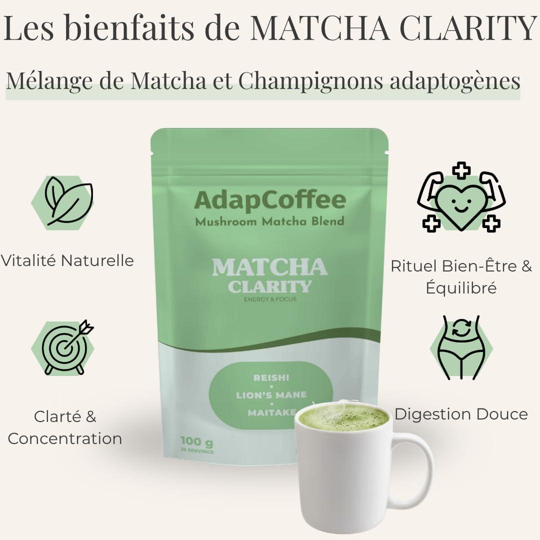 image:imageMatcha Clarity Th Matcha Crmonial aux Champignons Adaptognes Lions Mane Reishi amp Maitake nergie Naturelle amp Concentration Vegan Sans Sucre Ajout 25 tasses 100g