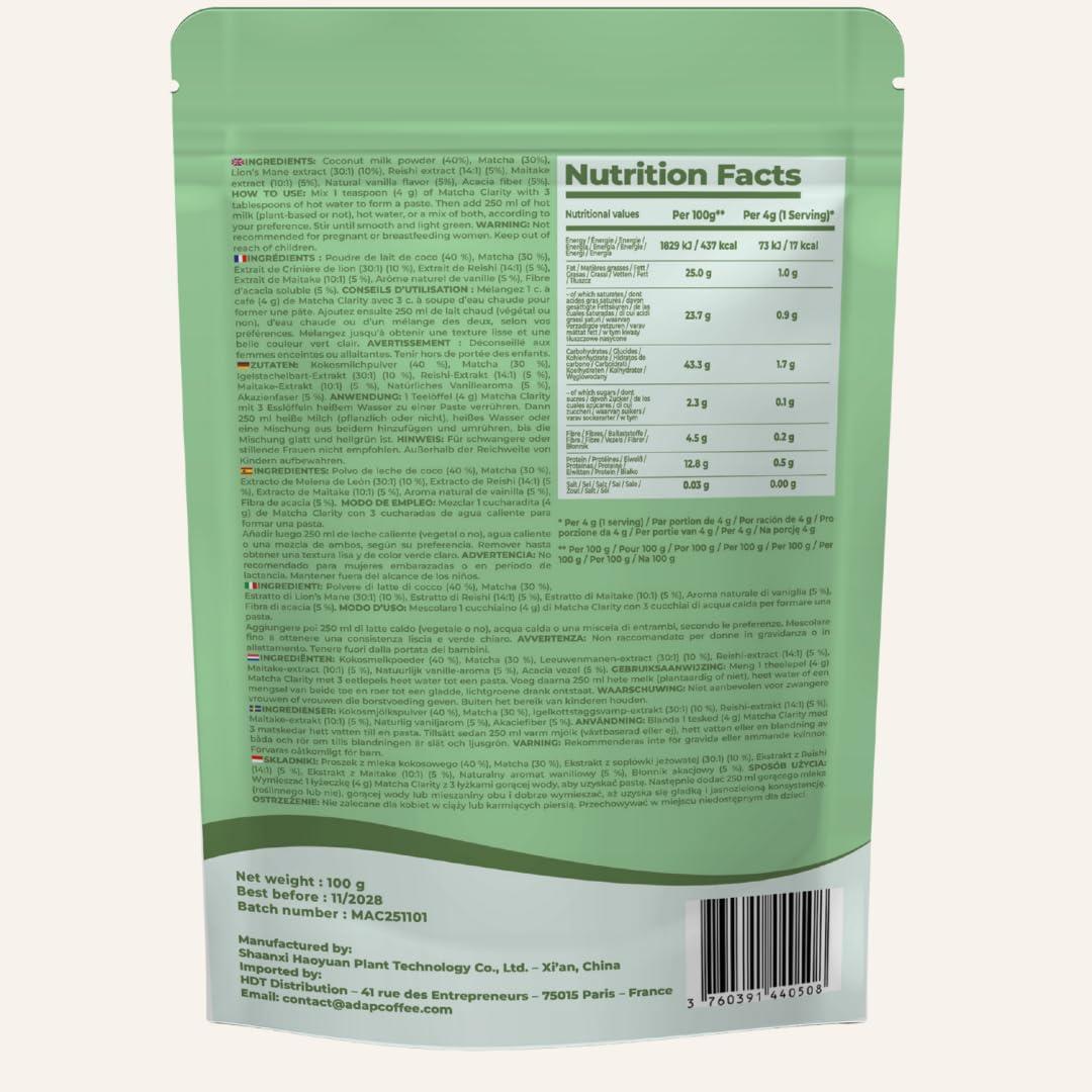 image:imageMatcha Clarity Th Matcha Crmonial aux Champignons Adaptognes Lions Mane Reishi amp Maitake nergie Naturelle amp Concentration Vegan Sans Sucre Ajout 25 tasses 100g