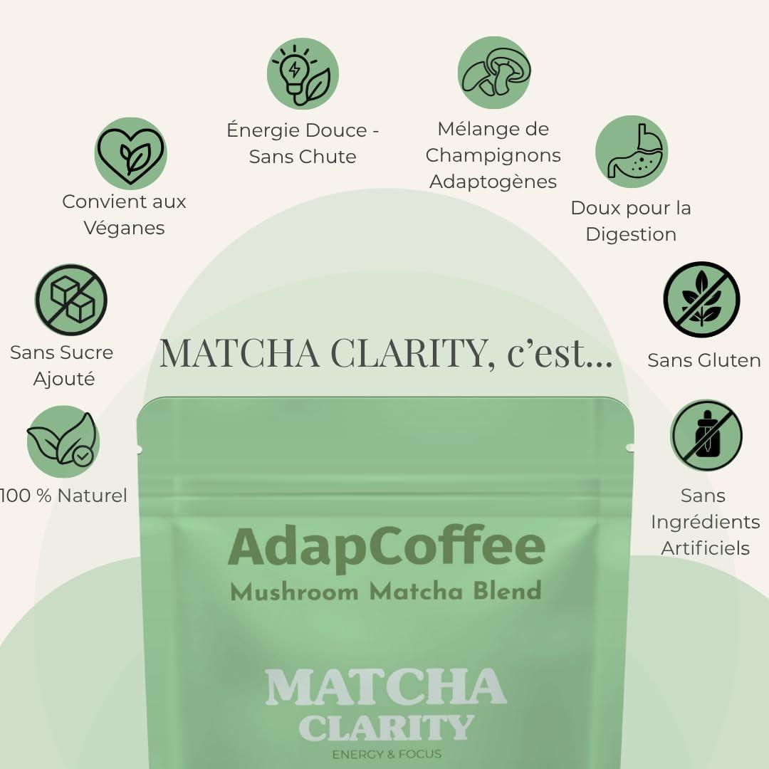 image:imageMatcha Clarity Th Matcha Crmonial aux Champignons Adaptognes Lions Mane Reishi amp Maitake nergie Naturelle amp Concentration Vegan Sans Sucre Ajout 25 tasses 100g