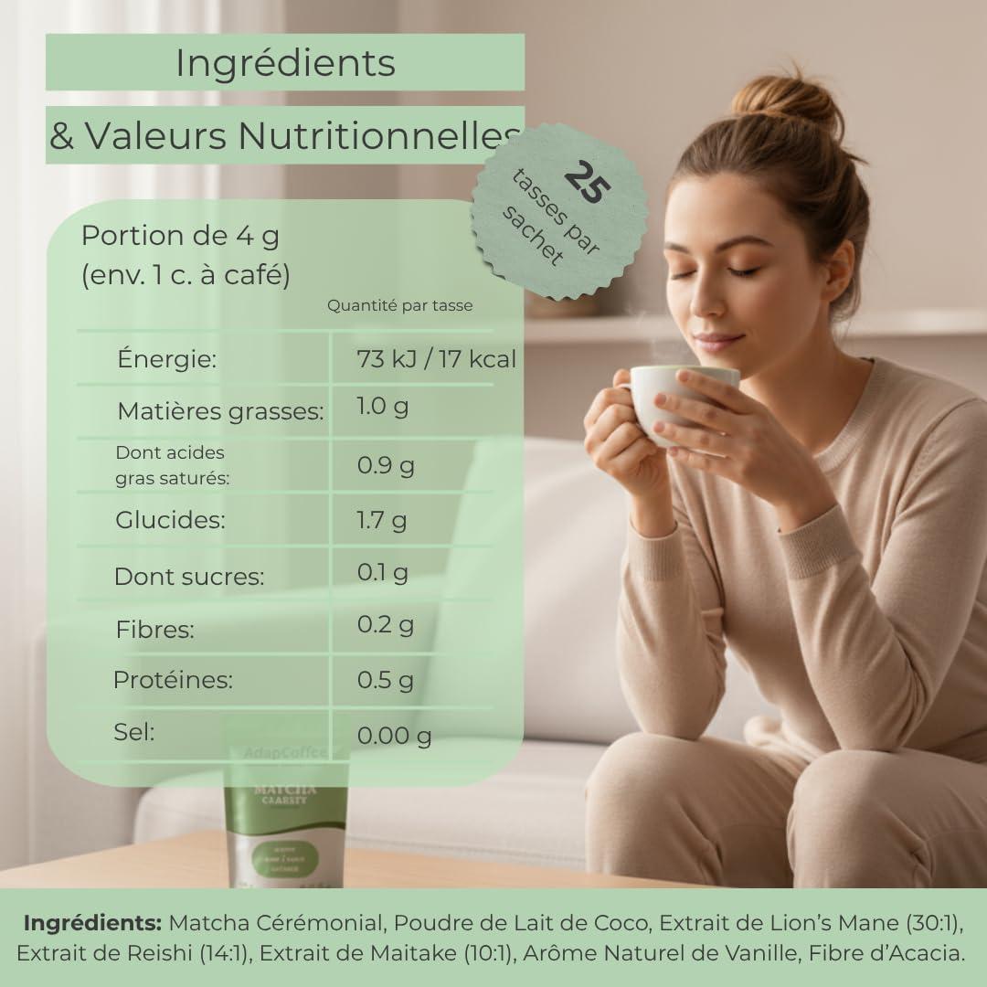 image:imageMatcha Clarity Th Matcha Crmonial aux Champignons Adaptognes Lions Mane Reishi amp Maitake nergie Naturelle amp Concentration Vegan Sans Sucre Ajout 25 tasses 100g