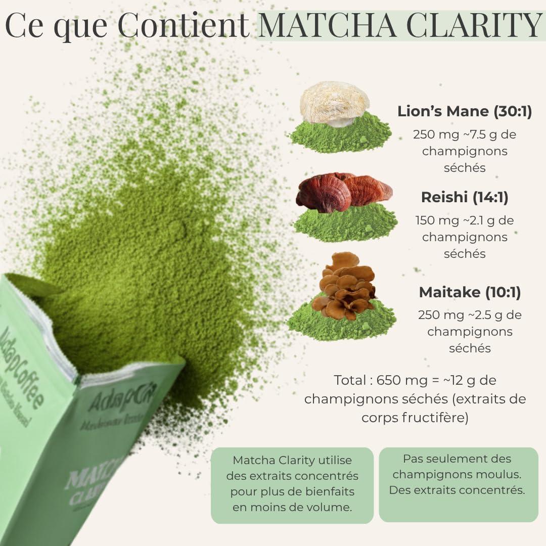 image:imageMatcha Clarity Th Matcha Crmonial aux Champignons Adaptognes Lions Mane Reishi amp Maitake nergie Naturelle amp Concentration Vegan Sans Sucre Ajout 25 tasses 100g