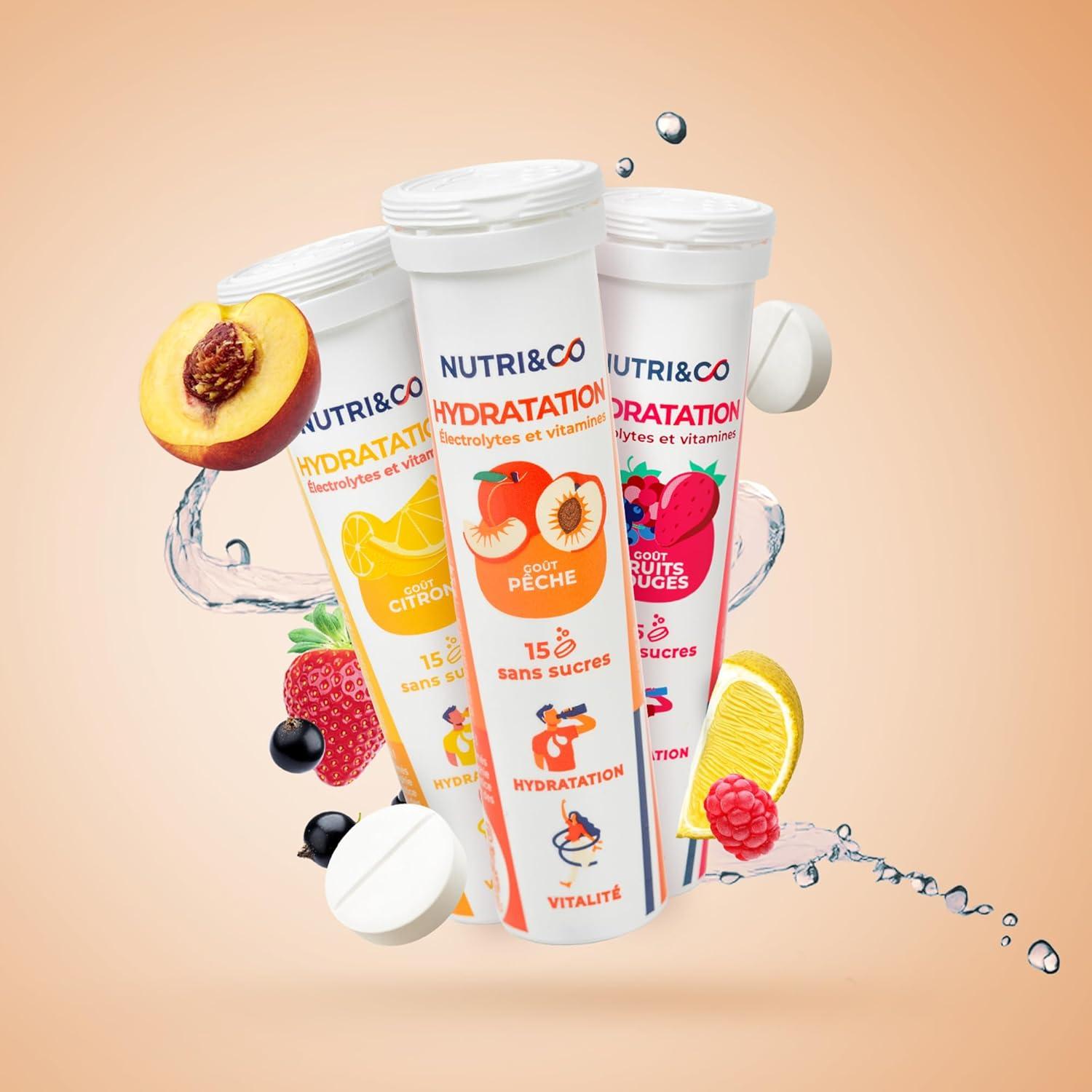 image:imageNUTRI amp CO lectrolytes Hydratation 5 Minraux 4 Vitamines Sans Sucre ni dulcorant Haute Absorption Triple Gots Lot de 3 tubes 45 comprims effervescents Vegan Fabriqu en FranceTriple Gots