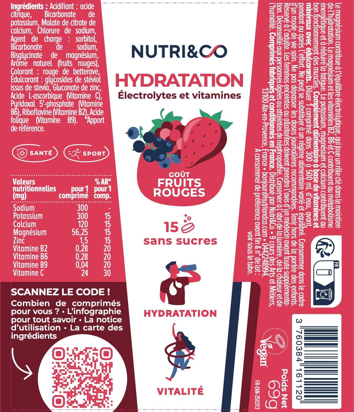 image:imageNUTRI amp CO lectrolytes Hydratation 5 Minraux 4 Vitamines Sans Sucre ni dulcorant Haute Absorption Triple Gots Lot de 3 tubes 45 comprims effervescents Vegan Fabriqu en FranceFruits Rouges