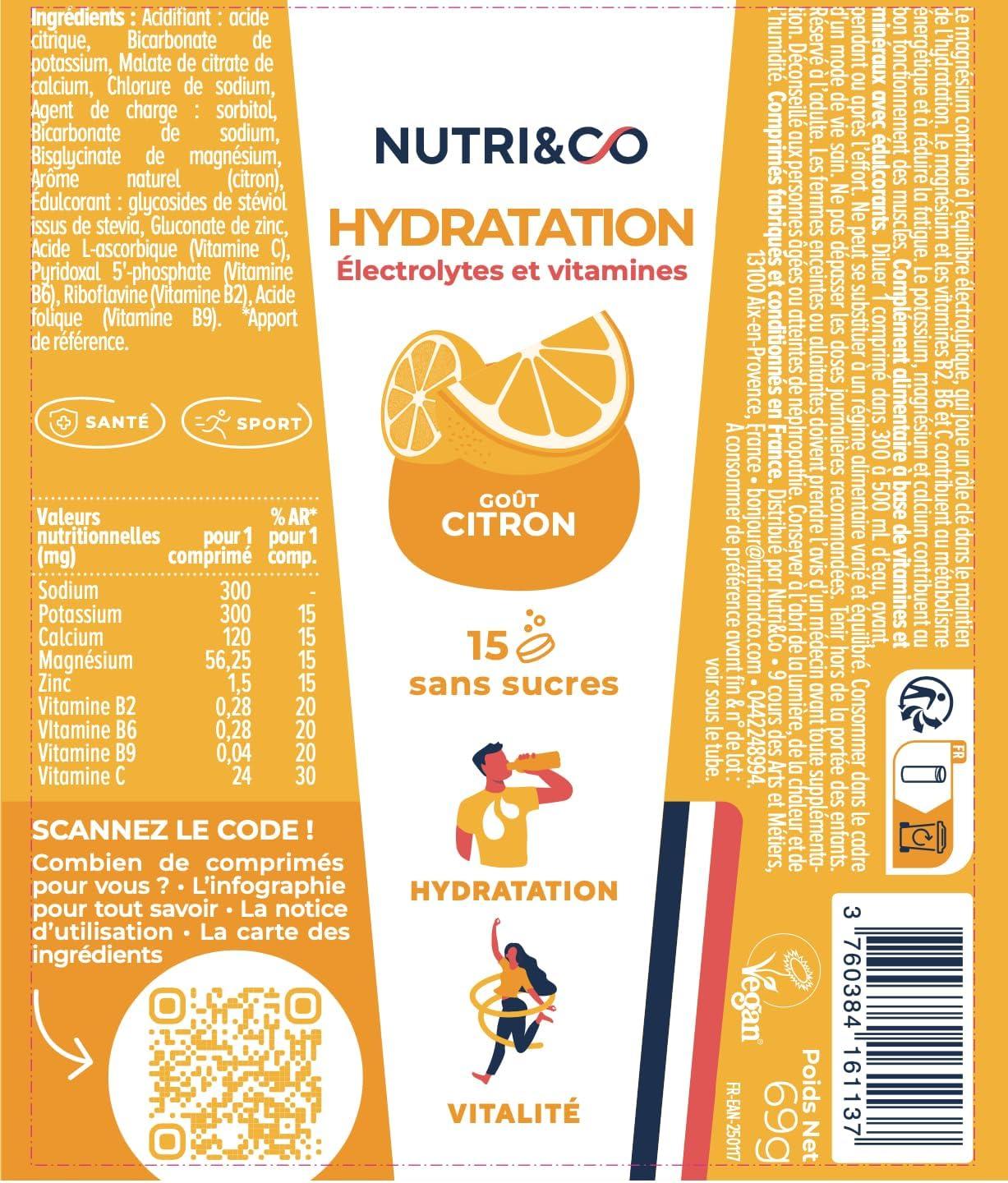 image:imageNUTRI amp CO lectrolytes Hydratation 5 Minraux 4 Vitamines Sans Sucre ni dulcorant Haute Absorption Triple Gots Lot de 3 tubes 45 comprims effervescents Vegan Fabriqu en FranceTriple Gots