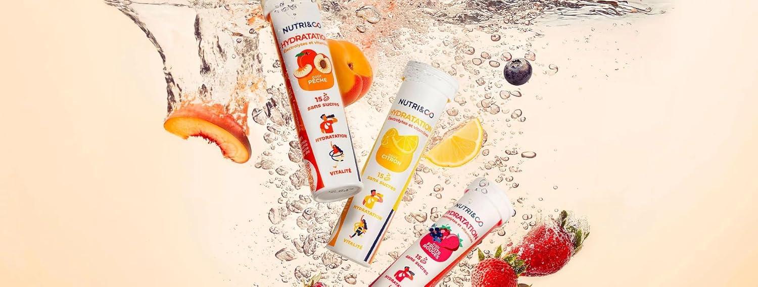 image:imageNUTRI amp CO lectrolytes Hydratation 5 Minraux 4 Vitamines Sans Sucre ni dulcorant Haute Absorption Triple Gots Lot de 3 tubes 45 comprims effervescents Vegan Fabriqu en FranceCitron