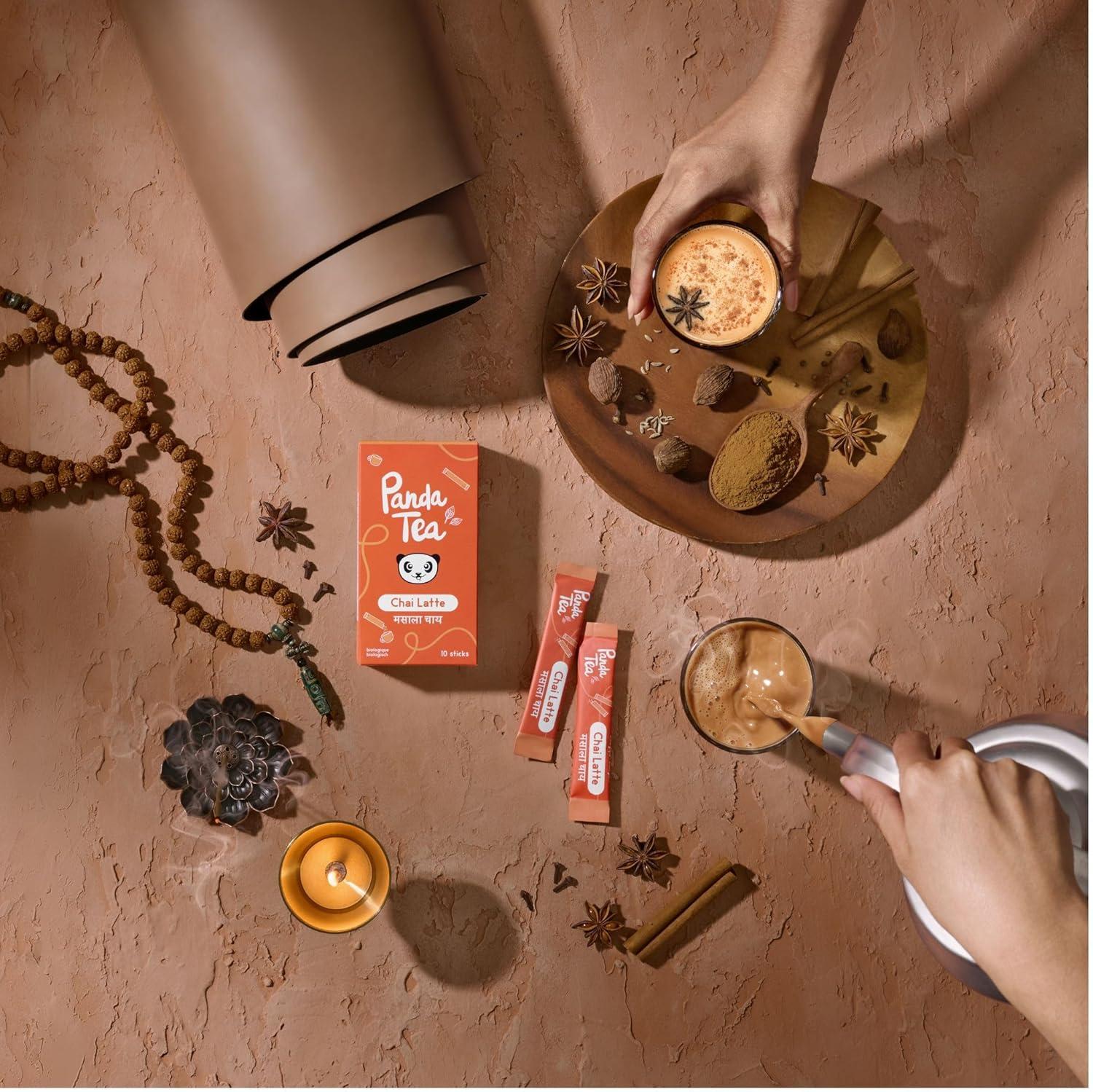 image:imagePanda tea Chai Latte Bio en Sticks Masala Chai en Poudre Sans Sucre 10 Sticks 15g Th Noir amp pices Clou de Girofle Cardamome Cannelle Gingembre bio Digestion amp Energie